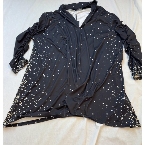 Lily by Firmiana Tunic Womens XL Black White Polka Dot Ruched Sleeve Top Shirt - Picture 1 of 10